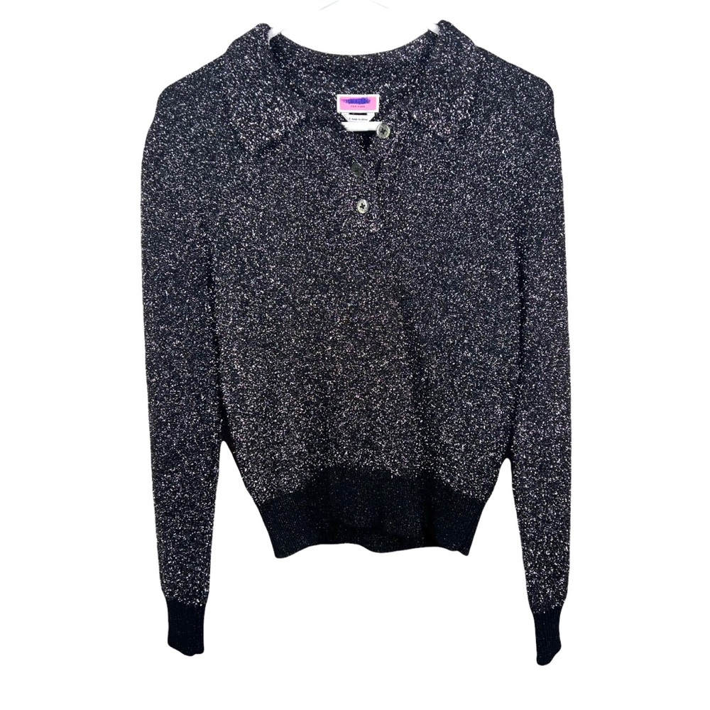 KATE SPADE Black Silver Grey Metallic Sparkle Polo Sweater Women’s Small